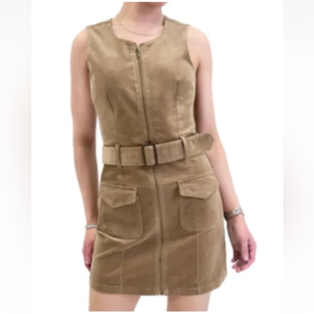 Rewash Womens Full Zip Belted Brown Dress Removable Belt, Flap Patch Pockets S